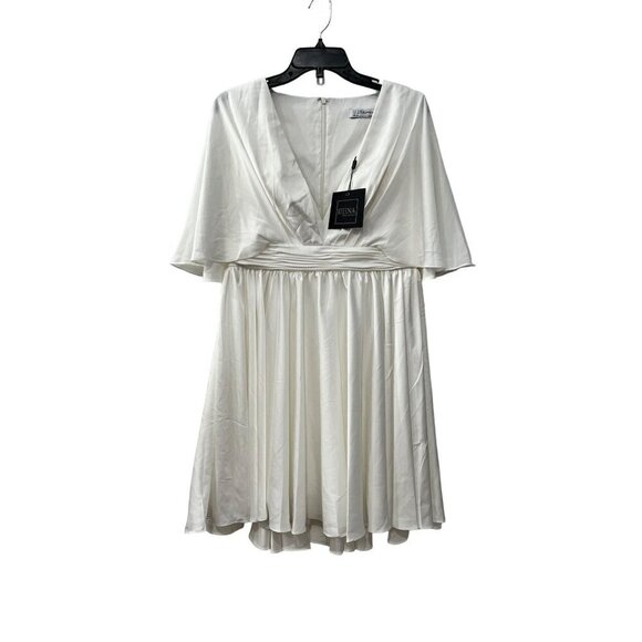 New MAC DUGGAL Size 10 SATIN FLOWY CAPE SLEEVE MINI DRESS Bridal Shower *Stains* - Picture 1 of 15